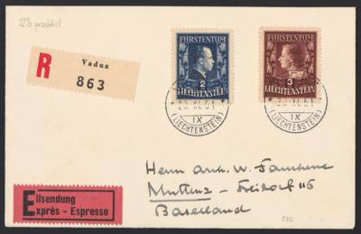 Poststück - Liechtenstein Nr. 304A/05A auf Reko - Express - ERSTTAGSBRIEF vom 20.11. 1951 in die Schweiz, - Stamps