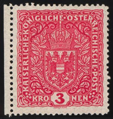 ** - Österr. Nr. 205B (3 Kronen hellkarmin im BREITFORMAT 26 x 29 mm) vom LINKEN BOGENRAND, - Briefmarken
