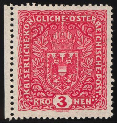 ** - Österr. Nr. 205B (3 Kronen hellkarmin im BREITFORMAT 26 x 29 mm) vom LINKEN BOGENRAND, - Stamps