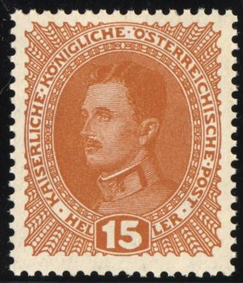 ** - Österr. Nr. 221P (15 Heller Freimarke Kaiser Karl als BOGENPROBE in OCKER), - Briefmarken