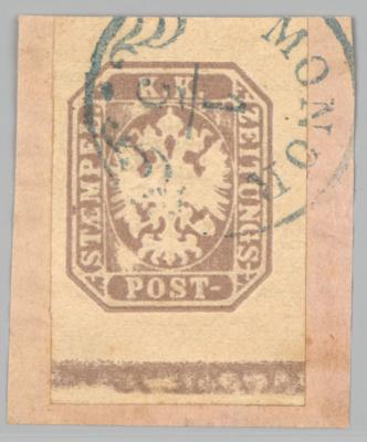 Briefstück - Österr. Nr. 29 vom Bogenunterrand mit Randbalken und graublauem Zierstempel von"MONOR", - Briefmarken
