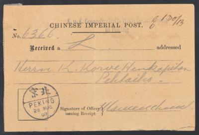 Poststück/Briefstück - Partie Österr. Post in China u.a. Aufgabeschein mit Dienststempel des Marinedetachement Tientsin, - Briefmarken