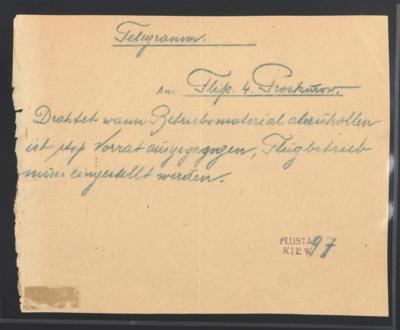 Poststück - "FLUSTA/KIEW" auf Telegramm - Protokoll an den Fliegerpark Nr. 4 in Proskurow, - Briefmarken