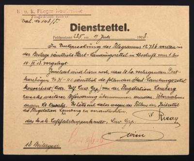 Poststück - K. u. K. Flieger - Kourirlinie/Flugstation KIEW" auf Dienstzettel des Feldpostamtes 285 vom 11. Juli 1918, - Briefmarken