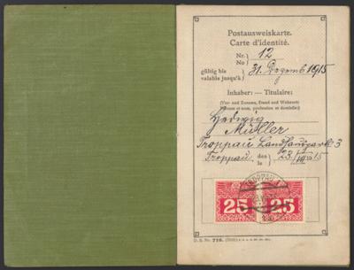 Poststück - Österr. Monarchie - Postausweis aus Troppau aus 1915 mit waagrechtem Paar der 25 Heller Portom., - Známky