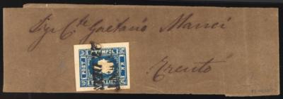 Poststück - Österr. Nr. 16c (tiefdunkelblau) auf kompletter braun gefärbter Schleife nach TRENTO, - Briefmarken