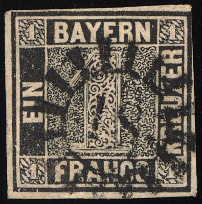 .gestempelt - Bayern Nr. 1 Ia schwarz mit Mühlradstempel "18" von Augsburg, - Briefmarken