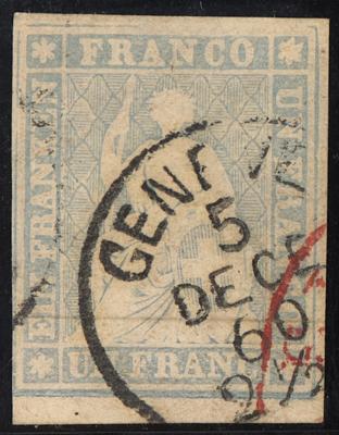 .gestempelt - Schweiz Nr. 18 II (Zst. Nr. 27 D) - 1 Fr. violettgrau mit gelben Seidenfaden, - Francobolli e cartoline