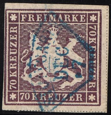 .gestempelt - Württemberg Nr. 42 A (70 Kreuzer dunkelviolettbraun) mit blauem Fächerstempel "STUTTGART/DEC 7", - Francobolli e cartoline