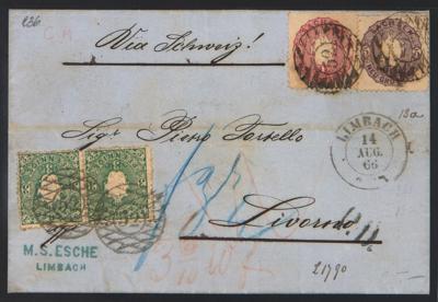 Poststück - Sachsen Nr. 14 (2) + 16 + 19 auf Faltbriefhülle von Limbach über Basel nach Livorno in der Toskana aus 1866, - Briefmarken