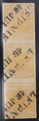.gestempelt - Österr. Ausg. 1850 - Nr. 1H Ia gelbocker im senkrechten Dreierstreifen, - Francobolli e cartoline