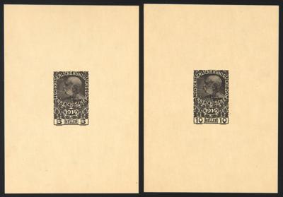 (*) - Österr. Nr. 178/79 (5 und 10 Heller) - Einzelproben in Schwarz auf Kartonähnl. Papier, - Stamps and postcards