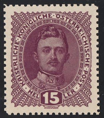 (*) - Österr. Nr. 221 P (15 Heller Kaiser Karl als ESSAY in abweichender Zeichnung in violett), - Stamps and postcards