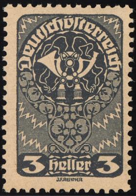 ** - Österr. Nr. 255c (3 Heller Posthorn Freimarkenausg. 1919/20 in SCHWARZGRAU), - Briefmarken
