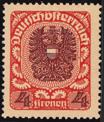 ** - Österr. Nr. 317yb (4 Kronen Wappen 1920/21 DUNKELZINNOBERROT/SCHWARZLILA auf dickem Papier), - Známky a pohlednice