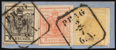 Briefstück - Österr. Ausg. 1850 - Nr. 1M + 2M + 3M mit Entwertung "PRAG 2/7 6. A," auf kurzem Briefstück, - Francobolli e cartoline
