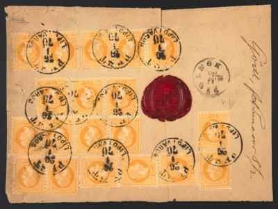 Briefstück - Österr. Ausg. 1867 in UNGARN verwendet - Briefrückseite mit 19 Stück der Nr. 35I (2 Kreuzer gelb) (6 Paare, - Francobolli e cartoline
