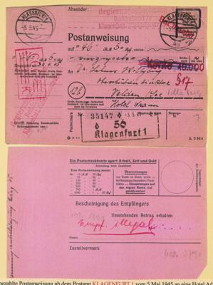 Poststück - Kärnten Mai 1945 3 Postanweisungen aus KLAGENFURT nach Velden, - Známky a pohlednice