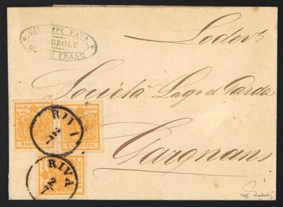 Poststück - Österr. Ausg. 1850 - Nr. 1HIII hellockergelb (3) auf Faltbriefhülle von RIVA nach Cargnano aus 1854, - Francobolli e cartoline