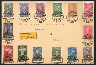 Poststück - Österr. Nr 161/74 mit ERSTTAGSSTEMPEL von Graz 1 vom 18.7. 1910 (Kaisergeburtstag) auf rekommandiertem Kuvert, - Briefmarken