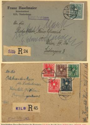 Poststück - Österreich 1945 - 5 seltene Rekoprovisorien auf Briefen mit Wappenfrankaturen aus KILB, - Stamps and postcards