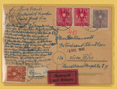 Poststück - Österreich - 3 seltene Wappenbelge 1945 mit Rohrpoststempeln, - Známky a pohlednice