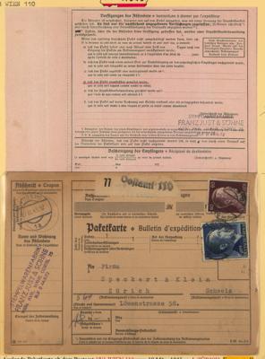 Poststück - Ostmark März 1945 extrem rare Paketkarte mit 5 RM enge Zähnung + 60 Pfg. von WIEN 110 nach Zürich, - Stamps and postcards