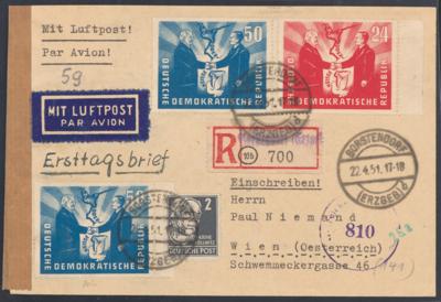 Poststück - DDR Nr. 284/85 auf Reko - Flugpost - ERSTTAGSBRIEF von Borstendorf über die Zensur nach Wien vom 22.4. 1951, - Briefmarken