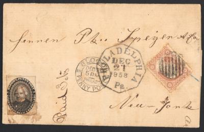 Poststück - USA 1858 selt. Mischfrankatur mit "Blood's Penny Post" attraktiver Poststück, - Briefmarken