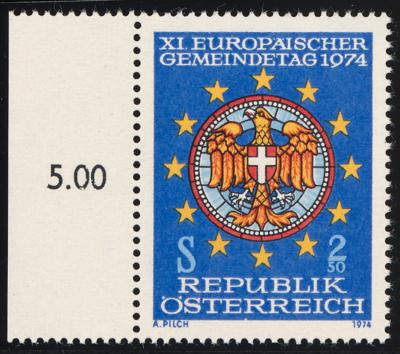 ** - Österr. Nr. (15) (nicht verausgabte Gemeindetagsmarke 1974) vom linken Bogenrand, - Stamps