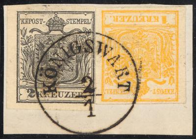 Briefstück - Österr. Ausg. 1850 - "KÖNIGSWART 2/1" auf Briefstück mit Nr.1H kadmiumgelb + Nr. 2H. frisches Stück, - Stamps