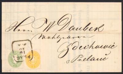 gestempelt - Österr. Nr. 19 (3 Kr. 1861) + Nr. 24 (2 Kr. 1863) als - Známky