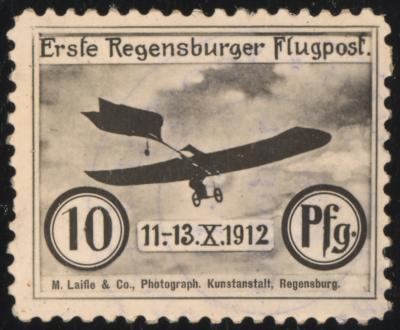 .gestempelt - Dt. Reich 1912 - Regensburger Fliegertage 10 Pf Grade - Eindecker im Fotodruck mit zarter Entwertung, - Briefmarken