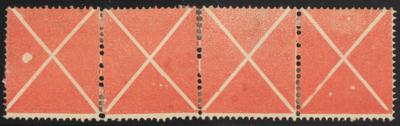 * - Österr. Ausg. 1858 - Großes rotes Andreaskreuz im waagrechten Viererstreifen links mit Plattenpunkt *, - Briefmarken