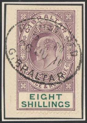 Briefstück - Gibraltar Nr. 64 (8 Sh lila/grün) (St. Gibbons Nr. 74) mit Ovalstpl. "REGISTERED GIBRALTAR 26 JU 11, - Briefmarken