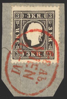 Briefstück - Österr. Nr. 11I mit NAGELKOPFPRÄGUNG und kompl. rotem Stempel "WIEN 16-VI, - Stamps