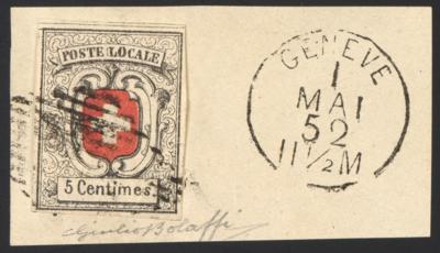 Briefstück - Schweiz Nr. 3 (sogen. "NEUENBURG") mit nebengesetztem Stempel "GENEVE 1 MAI 52 - 11 1/2 M" auf Briefstück, - Francobolli