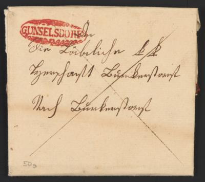 Poststück - Vorphila NÖ - "GUNSELSDORF" (Günselsdorf) - Zierovalstempel in Rot (Kühn Nr. 43b) auf Faltbrief aus 1839, - Briefmarken