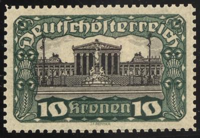 (*) - Österr. 1919 - 10 Kronen Parlament Farbprobe in Dunkelgrün/Schwarz Linienzhg. 12 1/2, - Francobolli