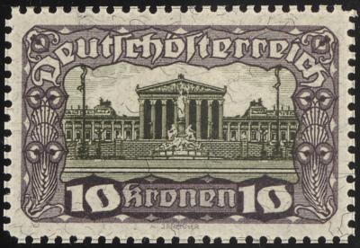 (*) - Österr. 1919 - 10 Kronen Parlament Farbprobe in Schwarzviolett/Schwarz Linienzhg. 12 1/2 (ANK. Nr. 290 P), - Francobolli