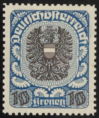 * - Österr. 1919 - 10 Kronen Wappenausg. Farbprobe in Blau/Braun mit Orig.-G. in Linienzhg. 12 1/2 (ANK. Nr. 320 P), - Stamps