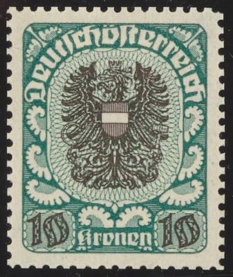 * - Österr. 1919 - 10 Kronen Wappenausg. Farbprobe in Blaugrün/Braun mit Orig. G. in Linienzhg, - Briefmarken