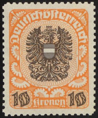 * - Österr. 1919 - 10 Kronen Wappenausg. Farbprobe in Orange/Braun mit Orig. G. in Linienzhg. 12 1/2 (ANK. Nr. 320 P), - Stamps