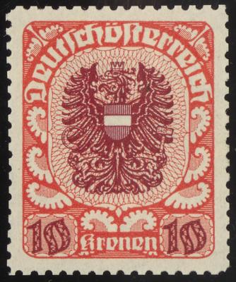 * - Österr. 1919 - 10 Kronen Wappenausg. Farbprobe in Rot/Lila mit Orig.-G. in Linienzhg. 12 1/2 (ANK. nr. 320 P), - Stamps