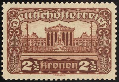 (*) - Österr. 1919 - 2 1/2 Kronen Parlament Farbprobe in Gelbbraun in Linienzhg. 12 1/2 (ANK. Nr. 285 P), - Známky