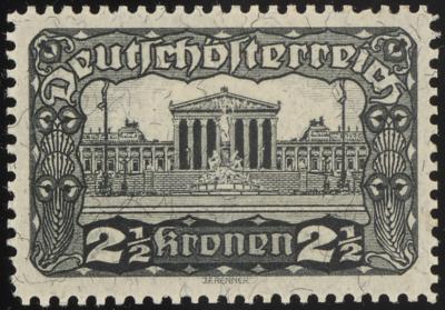 (*) - Österr. 1919 - 2 1/2 Kronen Parlament Farbprobe in Schwarz auf Faserpapier Linienzhg. 12 1/2 (ANK. Nr. 285 P), - Briefmarken