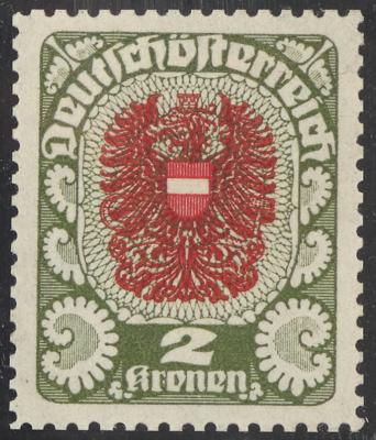 * - Österr. 1919 - 2 Kronen Wappenausg. Farbprobe in Graugrün/Rot mit Orig. G. in Linienzhg. 12 1/2 (ANK. Nr. 315 P), - Francobolli