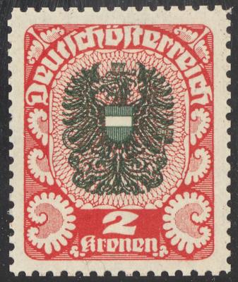 * - Österr. 1919 - 2 Kronen Wappenausg. Farbprobe in Rot/Schwarz mit Orig. G. in Linienzhg. 12 1/2 (ANK. Nr. 315 P), - Briefmarken