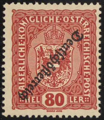 * - Österr.   ANK Nr. 240 K (80 Heller Freim.-Ausg. mit kopfstehendem Aufdruck) ungebraucht Erstfalz, - Briefmarken