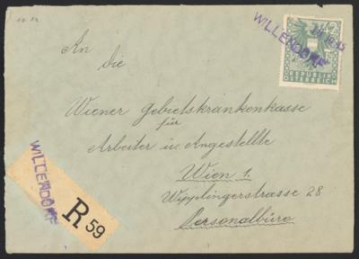 Poststück - Österr. 1945 - Stempelprovisorium von "WILLENDORF" handschriftlich bzw. mit Stempel rekommandiert, - Briefmarken